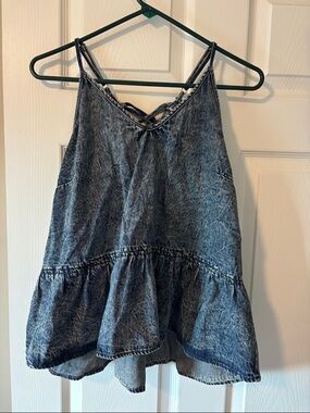 Versona Acid-Wash Denim Ruffle-Hem Cami - Blue
